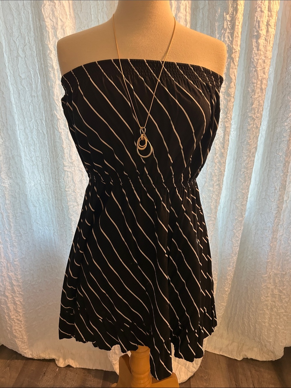Black Strapless Diagonal Stripe Dress